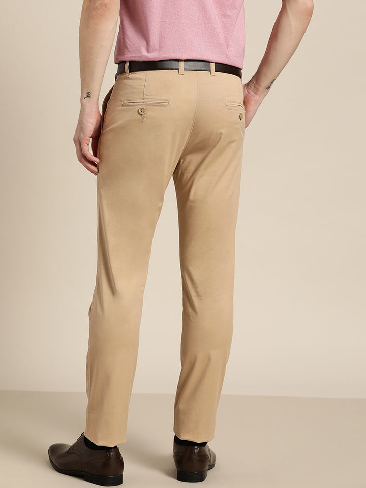 Men Beige Solids Cotton Elastene Slim Fit Formal Trouser