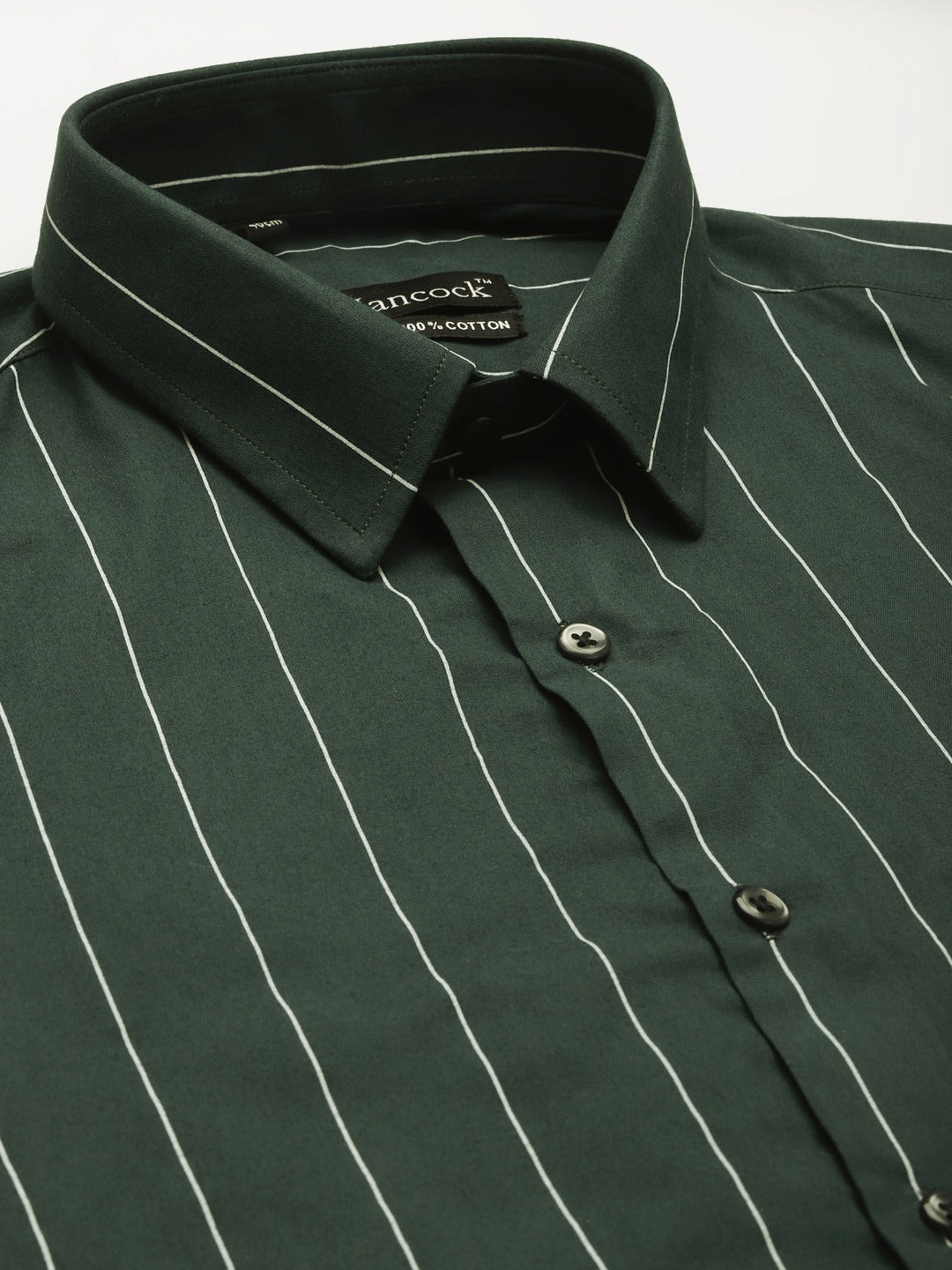 Men Bottle Green Stripes Pure Cotton Slim Fit Formal Shirt