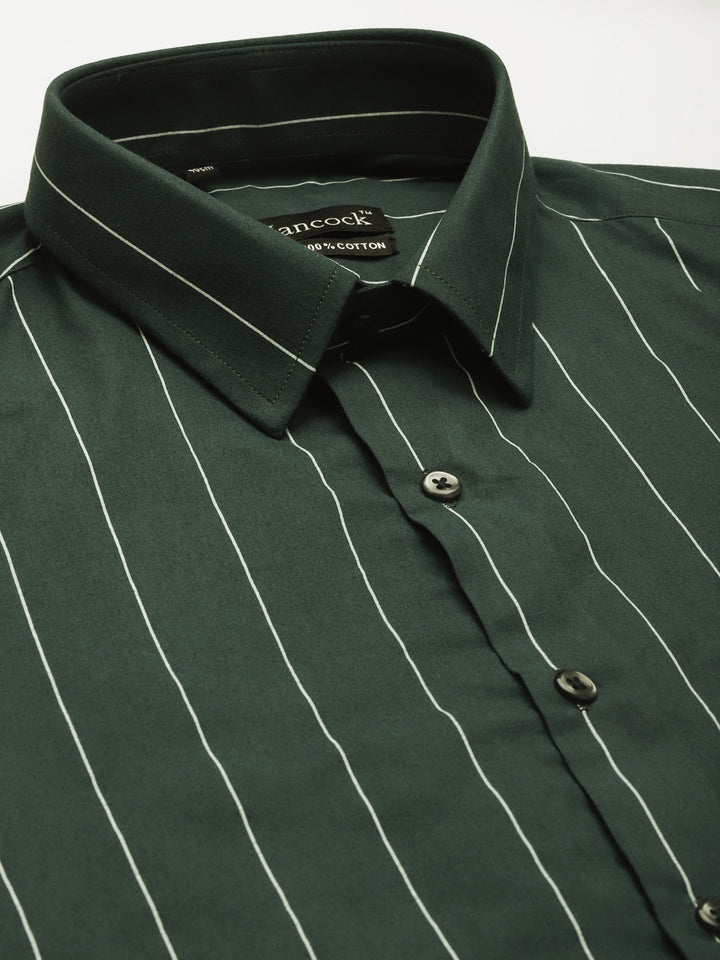 Men Bottle Green Stripes Pure Cotton Slim Fit Formal Shirt