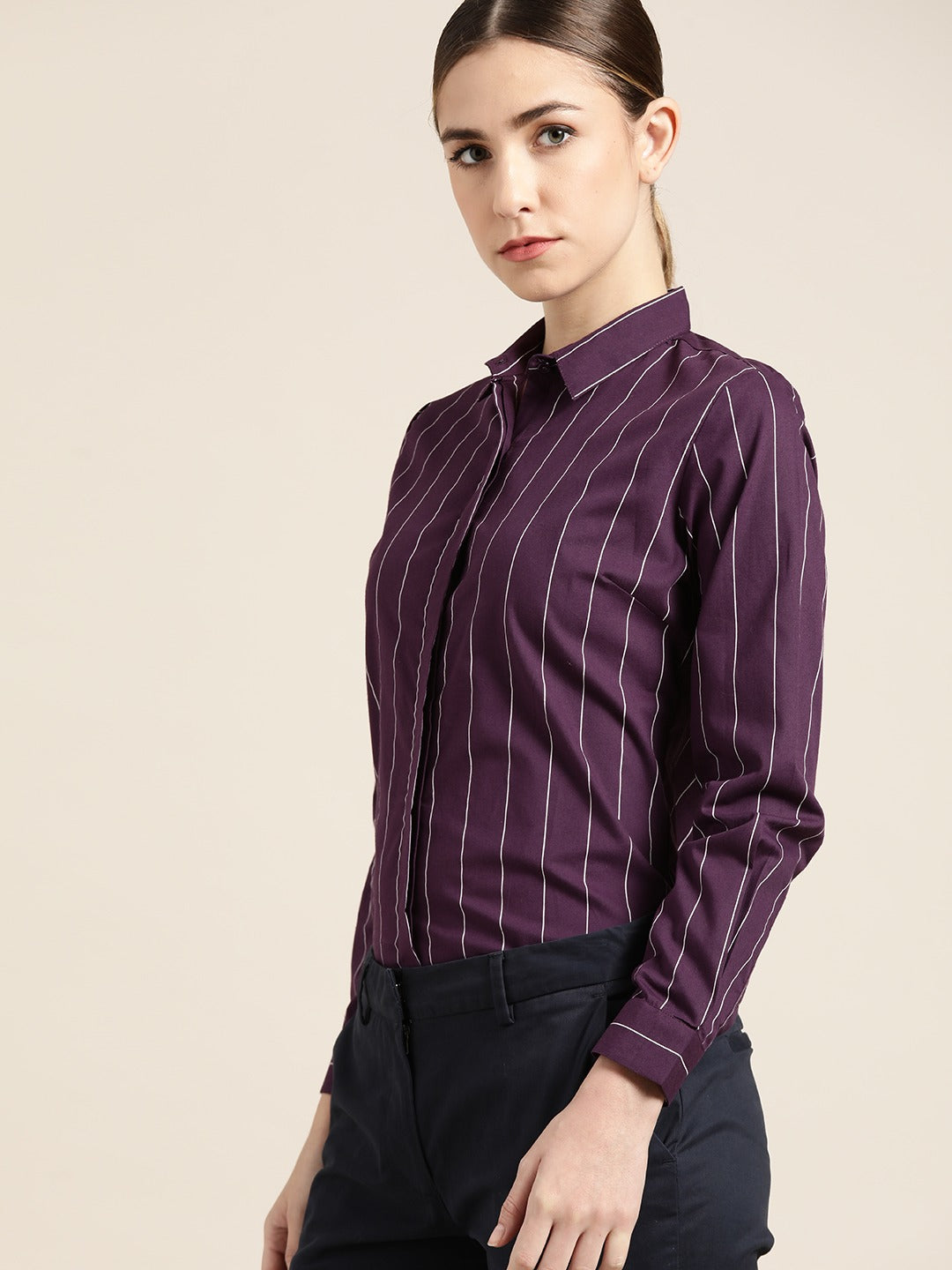 Women Wine Striped Pure Cotton Slim Fit Formal Shirt