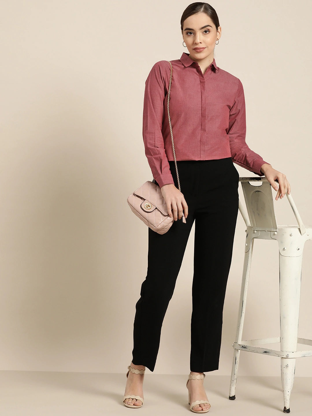 Women Maroon Solid Pure Cotton Slim Fit Formal Shirt