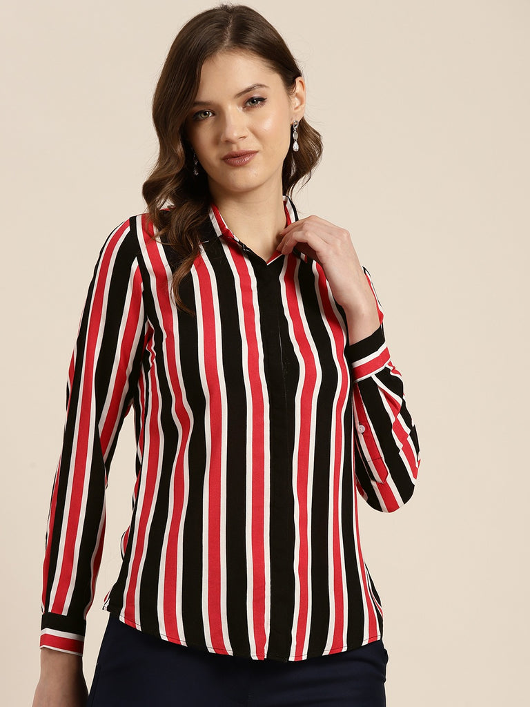 Hancock Women Black Red Stripes Viscose Rayon Slim Fit Formal Shirt