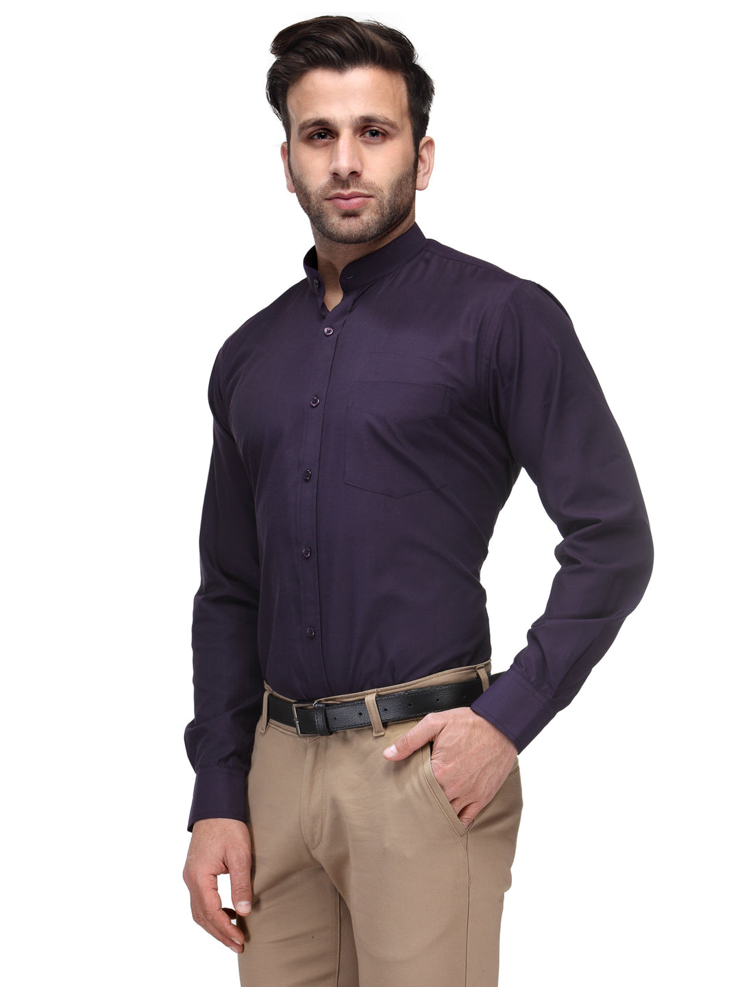 Men Wine Slim Fit Solid Chinese Collar Plain Cotton Rich Formal Shirt