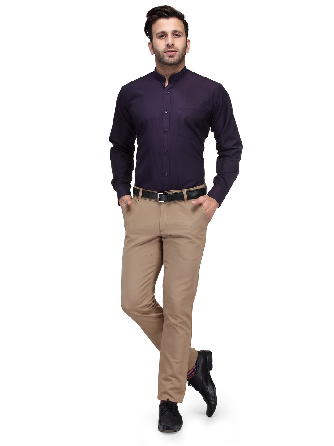 Men Wine Slim Fit Solid Chinese Collar Plain Cotton Rich Formal Shirt