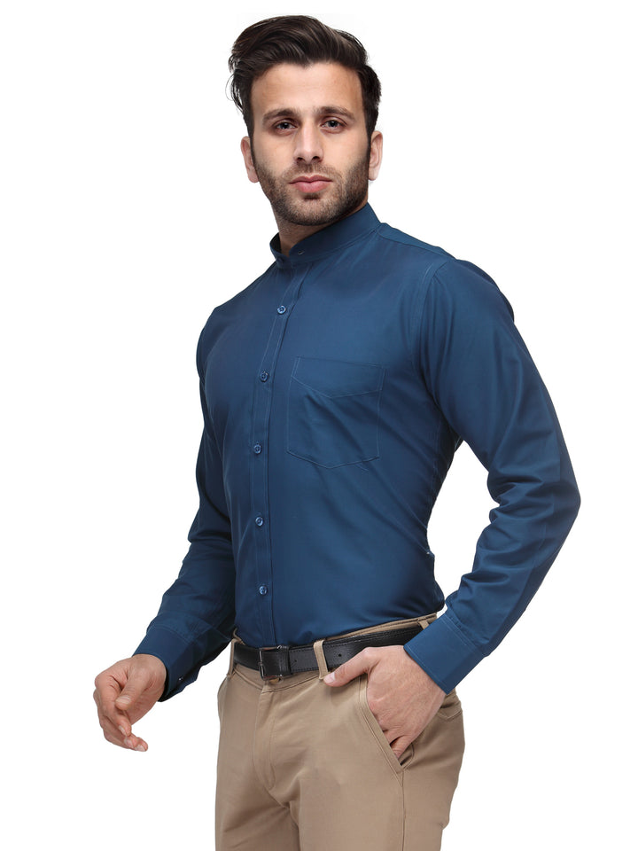 Men Turquoise Blue Slim Fit Solid Chinese Collar Plain Cotton Rich Formal Shirt