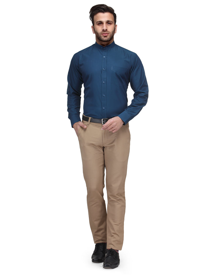 Men Turquoise Blue Slim Fit Solid Chinese Collar Plain Cotton Rich Formal Shirt