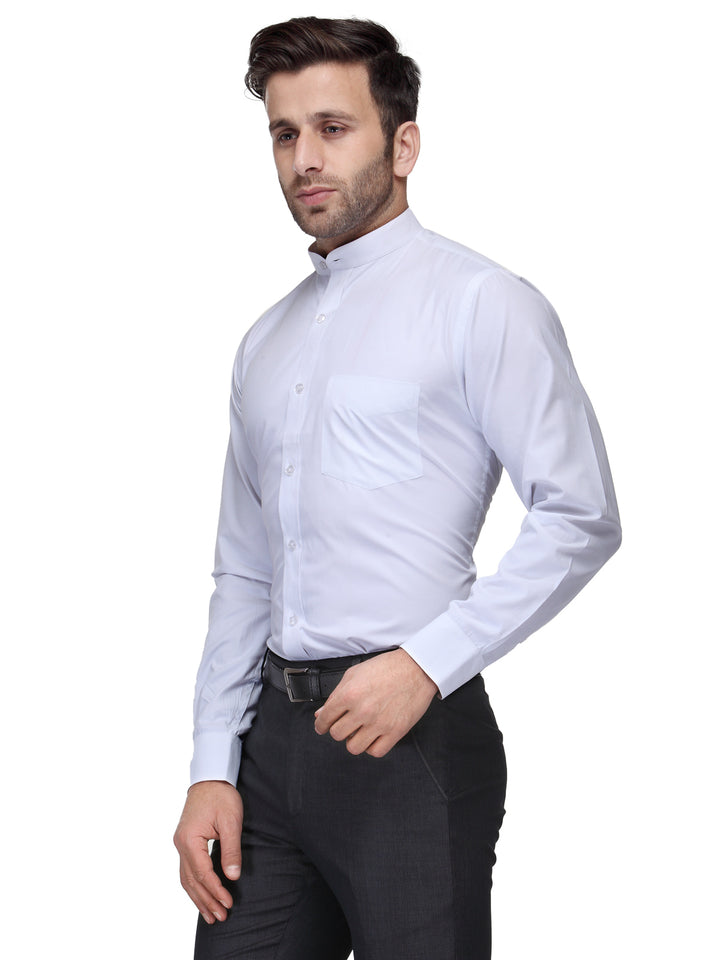 Men White Slim Fit Solid Chinese Collar Plain Cotton Rich Formal Shirt