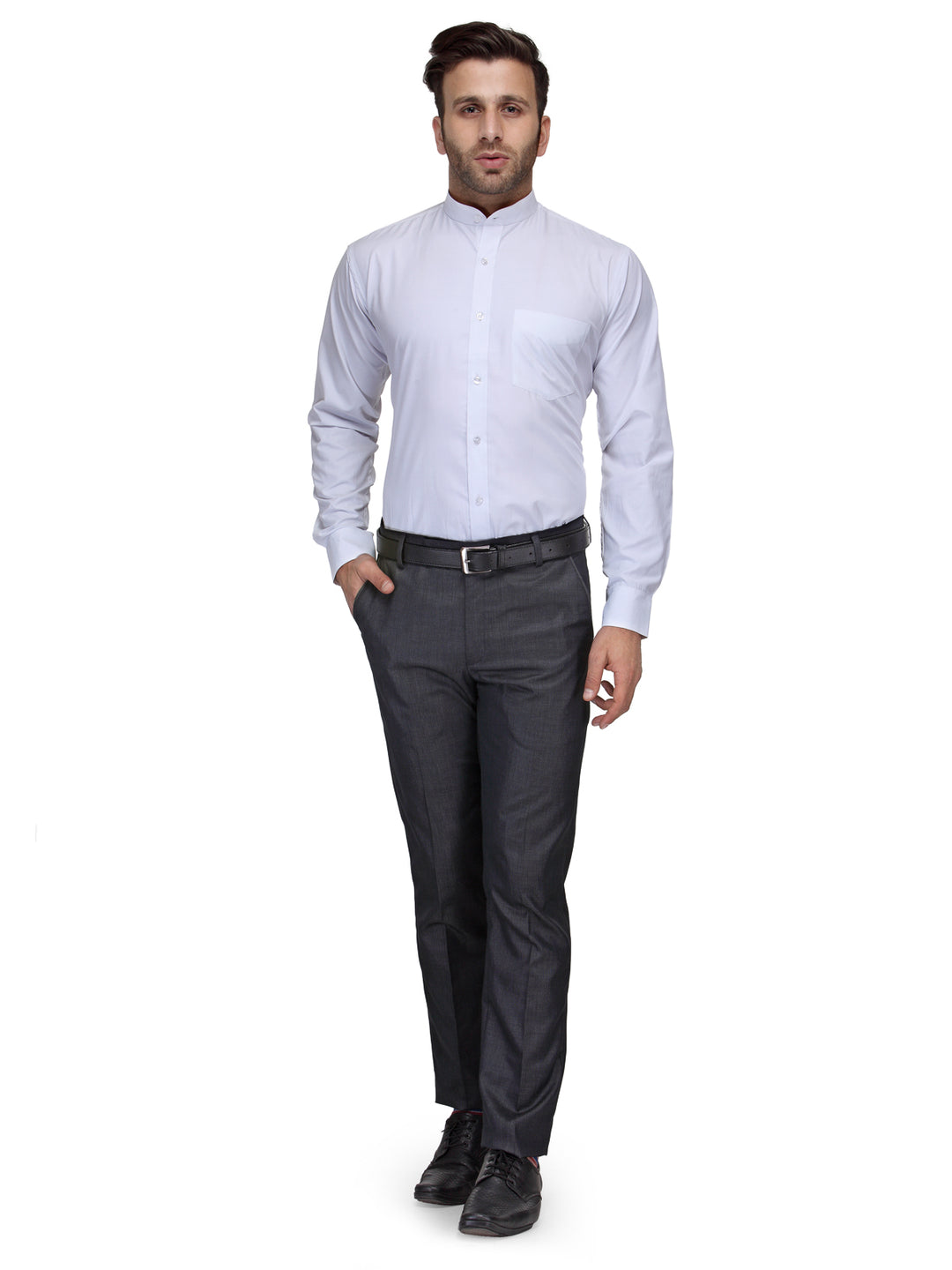 Men White Slim Fit Solid Chinese Collar Plain Cotton Rich Formal Shirt