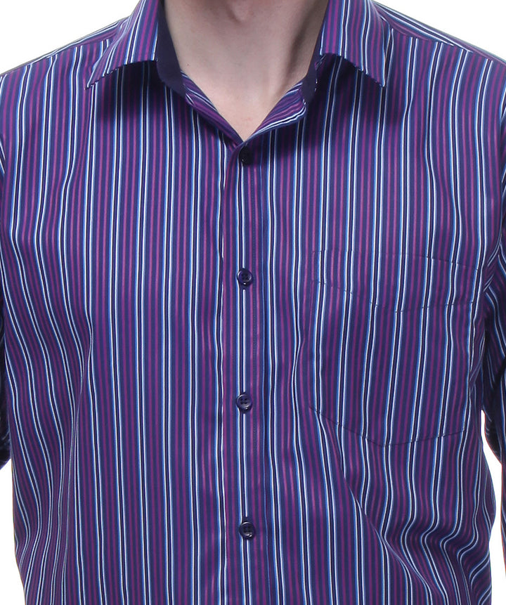 Men Navy and Purple Slim Fit Stripes Cotton Rich Formal Shirt
