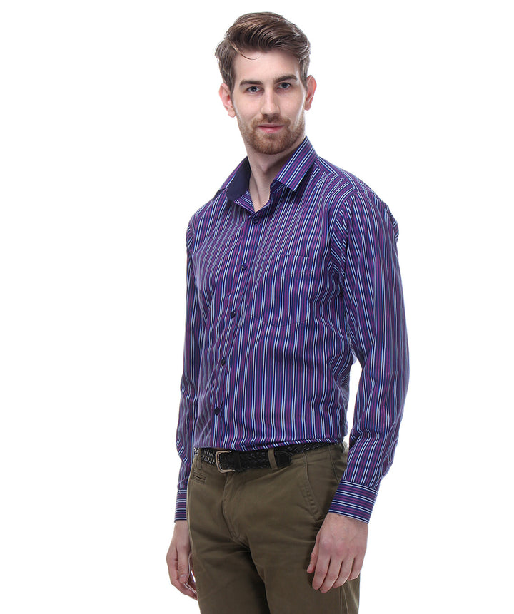 Men Navy and Purple Slim Fit Stripes Cotton Rich Formal Shirt