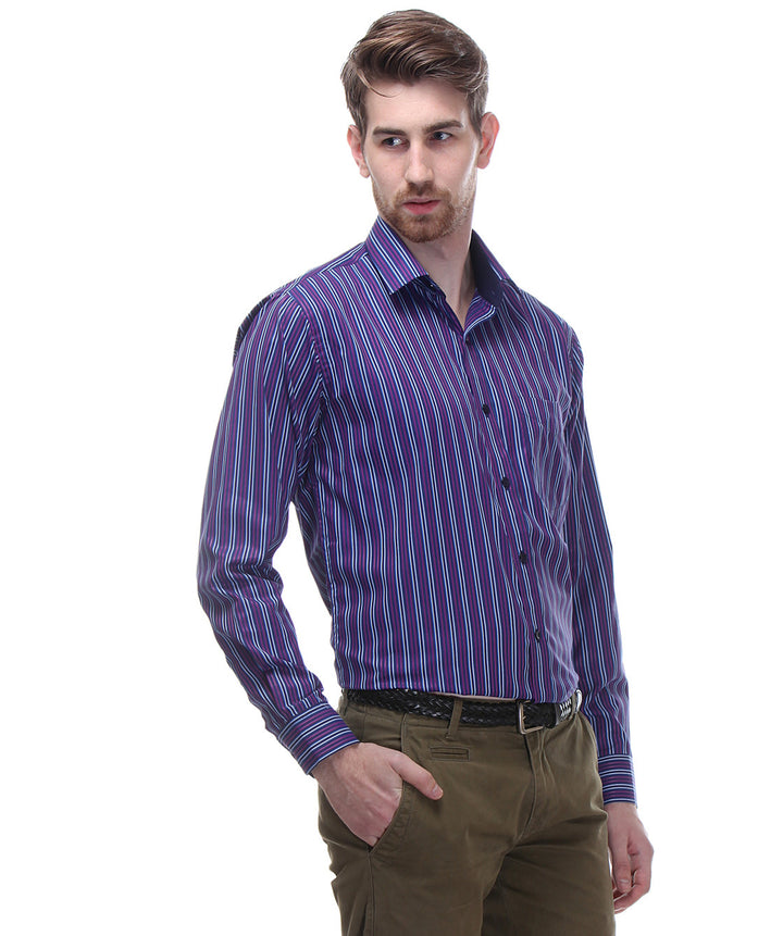 Men Navy and Purple Slim Fit Stripes Cotton Rich Formal Shirt