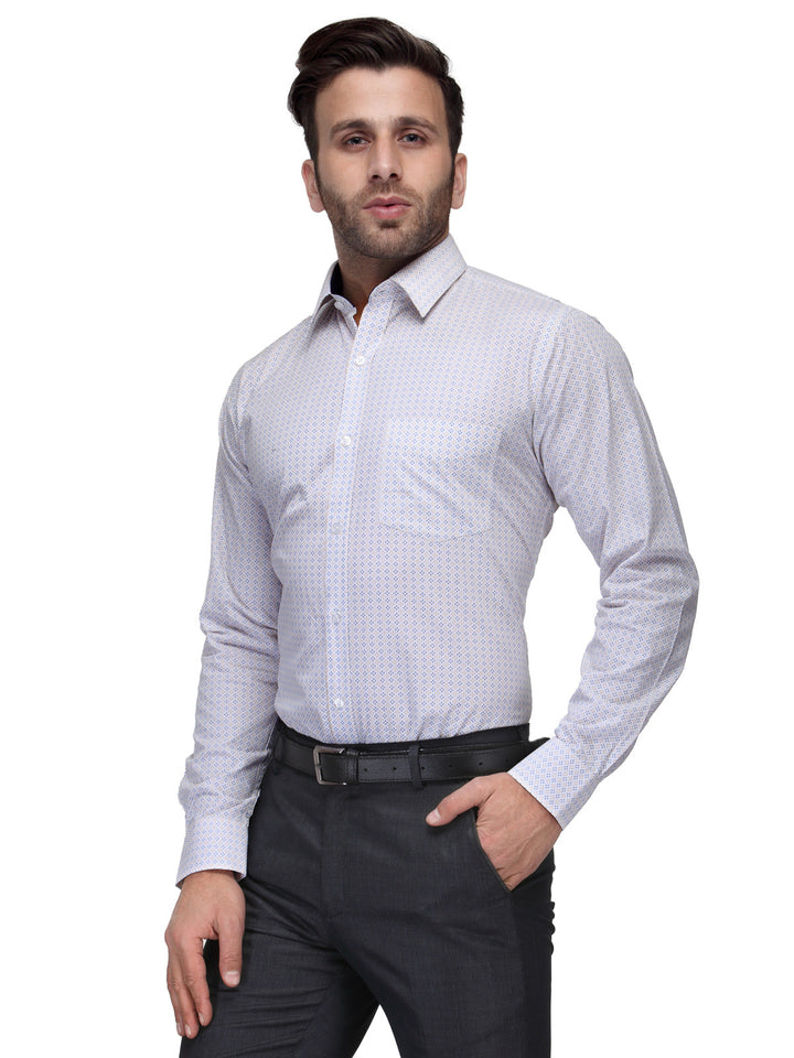 Men White and Yellow Slim Fit Print Pure Cotton Formal Shirt