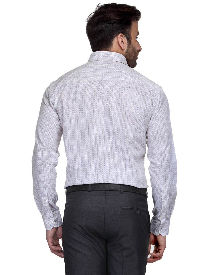 Men White and Yellow Slim Fit Print Pure Cotton Formal Shirt