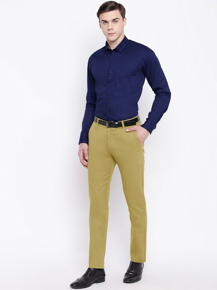 Men Dark Beige Pure Cotton Solid Slim Fit Casual Trouser