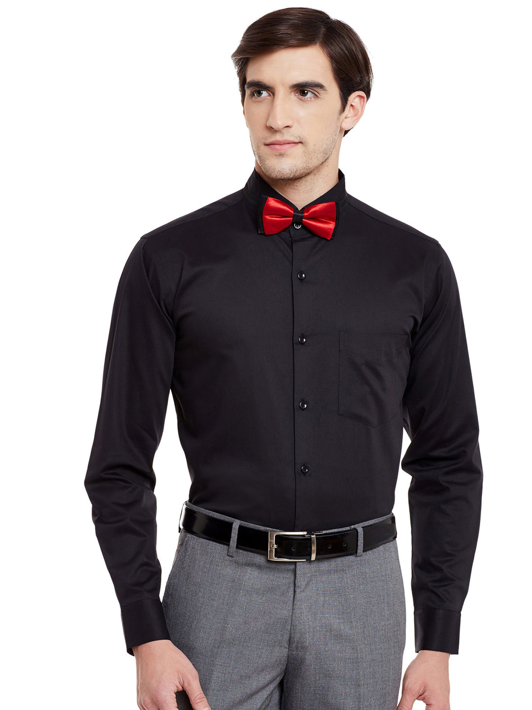 Men Black Solid Pure Cotton Bow Collar Slim Fit Formal Shirt