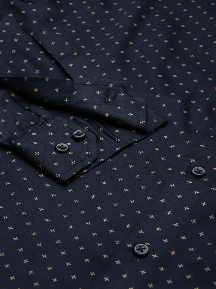 Men Navy Blue Prints Pure Cotton Slim Fit Formal Shirt