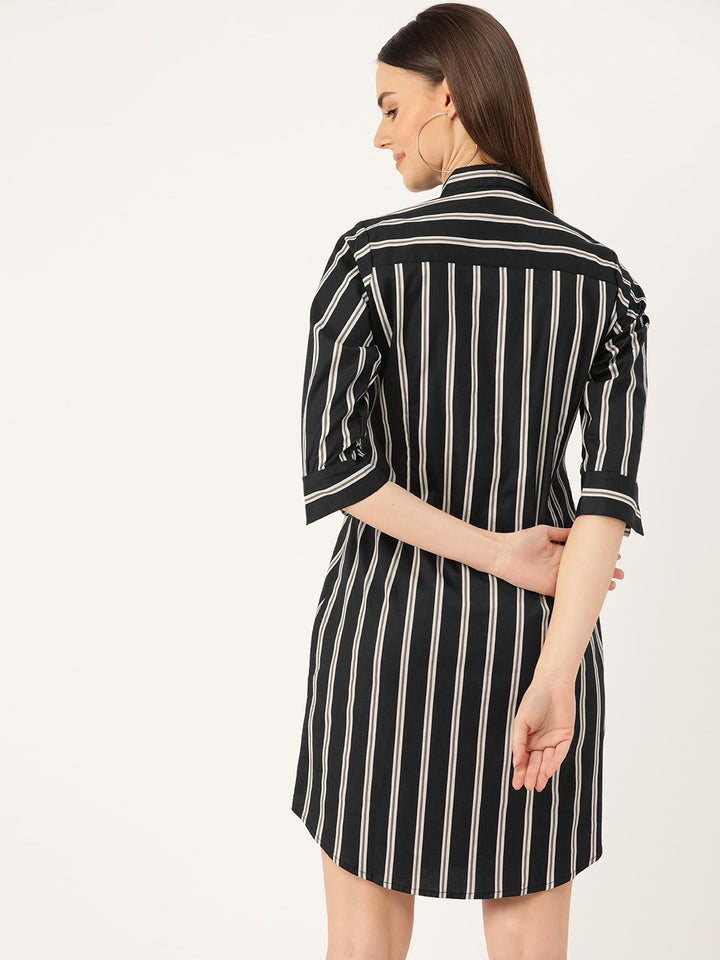 Women Black & Grey Stripes Pure Cotton Regular Fit Formal Dress