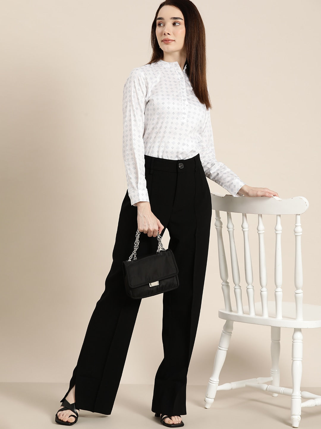 Women White & Blue Printed Pure Cotton Slim Fit Formal Top