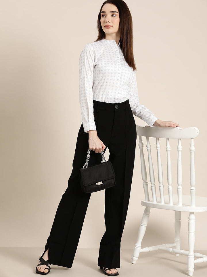 Women White & Blue Printed Pure Cotton Slim Fit Formal Top