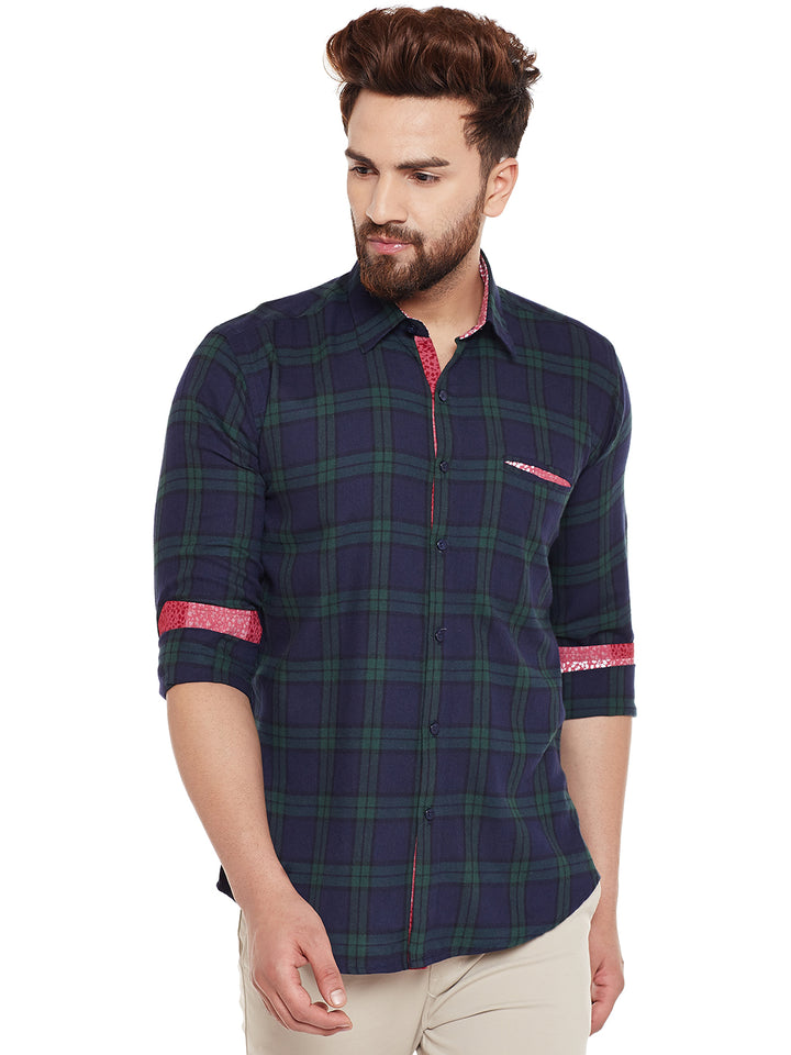 Men Navy Checked Pure Cotton Slim Fit Casual shirt