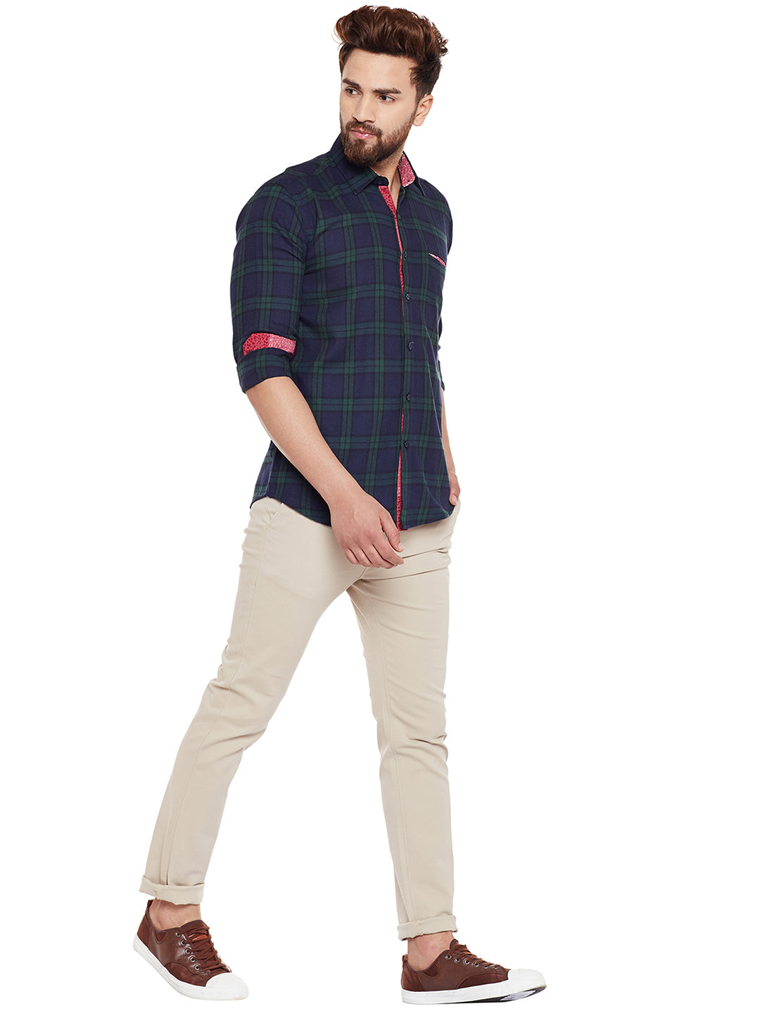 Men Navy Checked Pure Cotton Slim Fit Casual shirt
