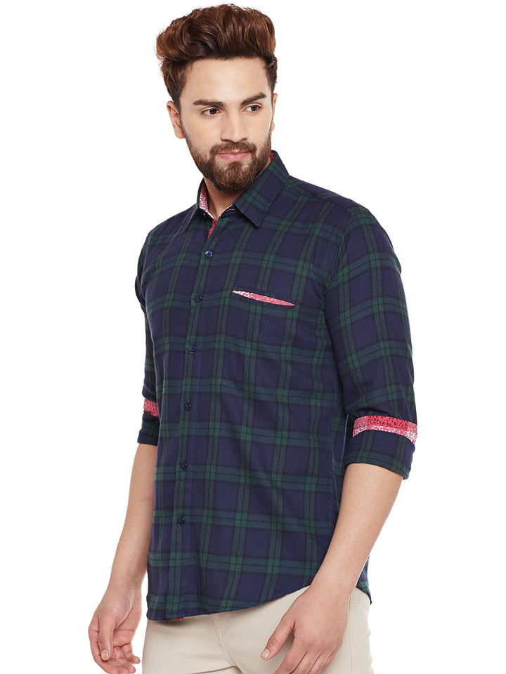 Men Navy Checked Pure Cotton Slim Fit Casual shirt