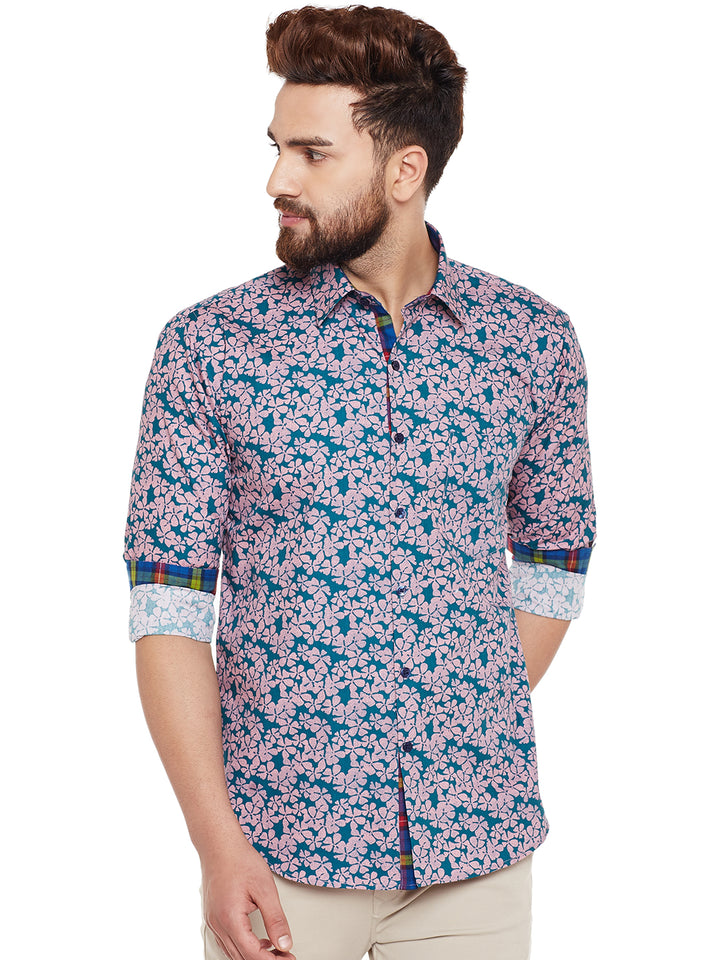 Men Green Printed Pure Cotton Slim Fit Casual Shirt