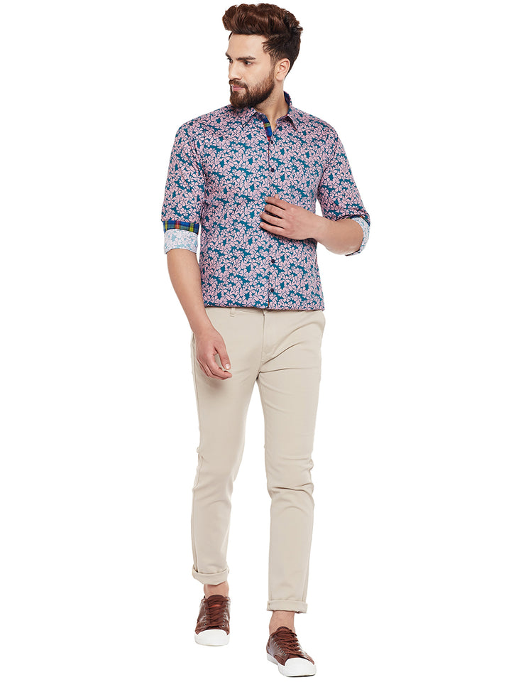 Men Green Printed Pure Cotton Slim Fit Casual Shirt