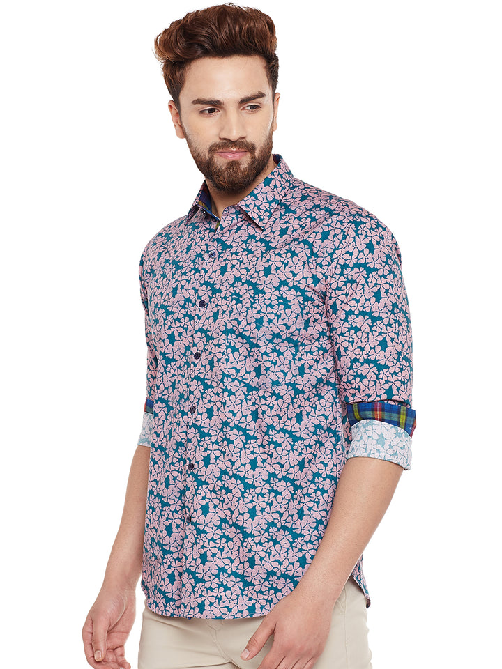 Men Green Printed Pure Cotton Slim Fit Casual Shirt