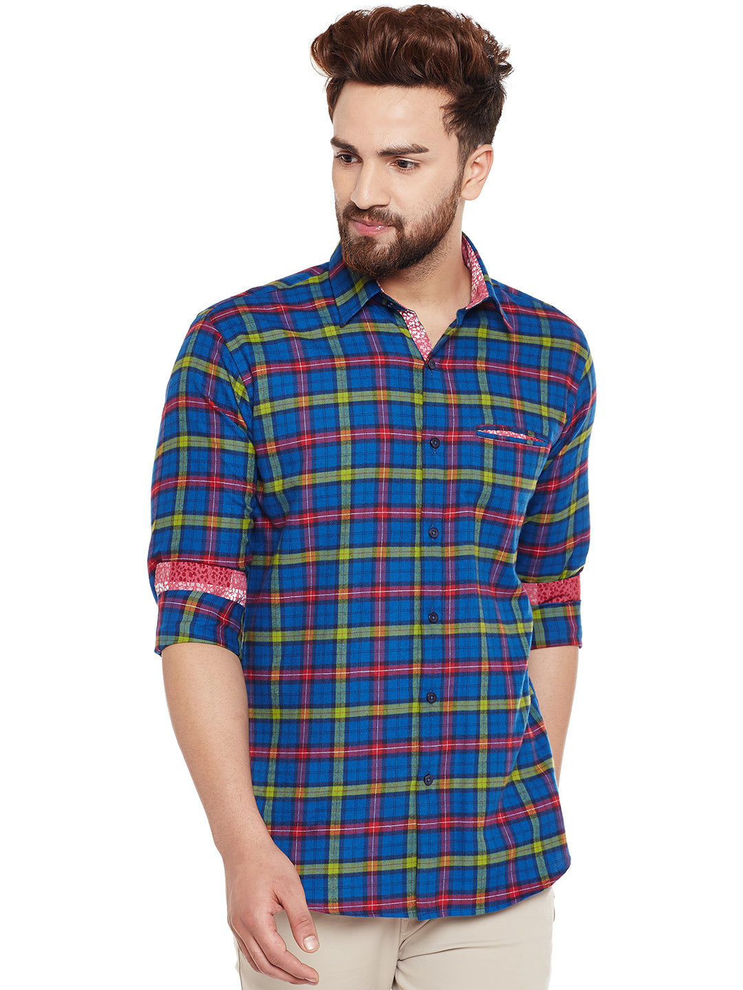 Men Navy Checked Pure Cotton Slim Fit Casual Shirt