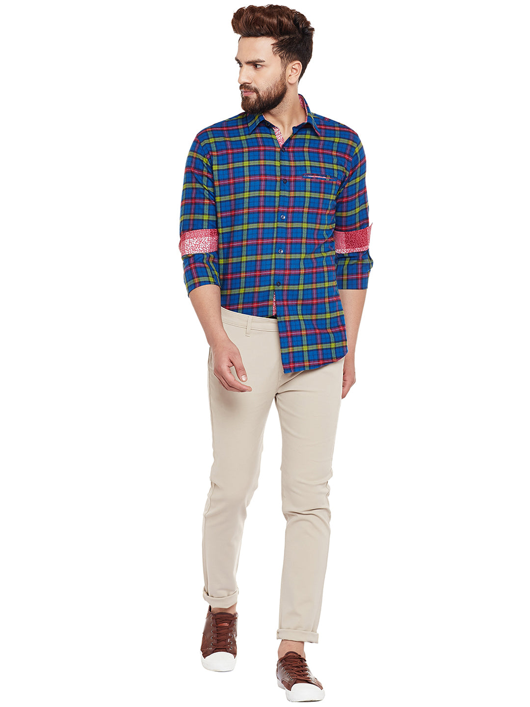 Men Navy Checked Pure Cotton Slim Fit Casual Shirt