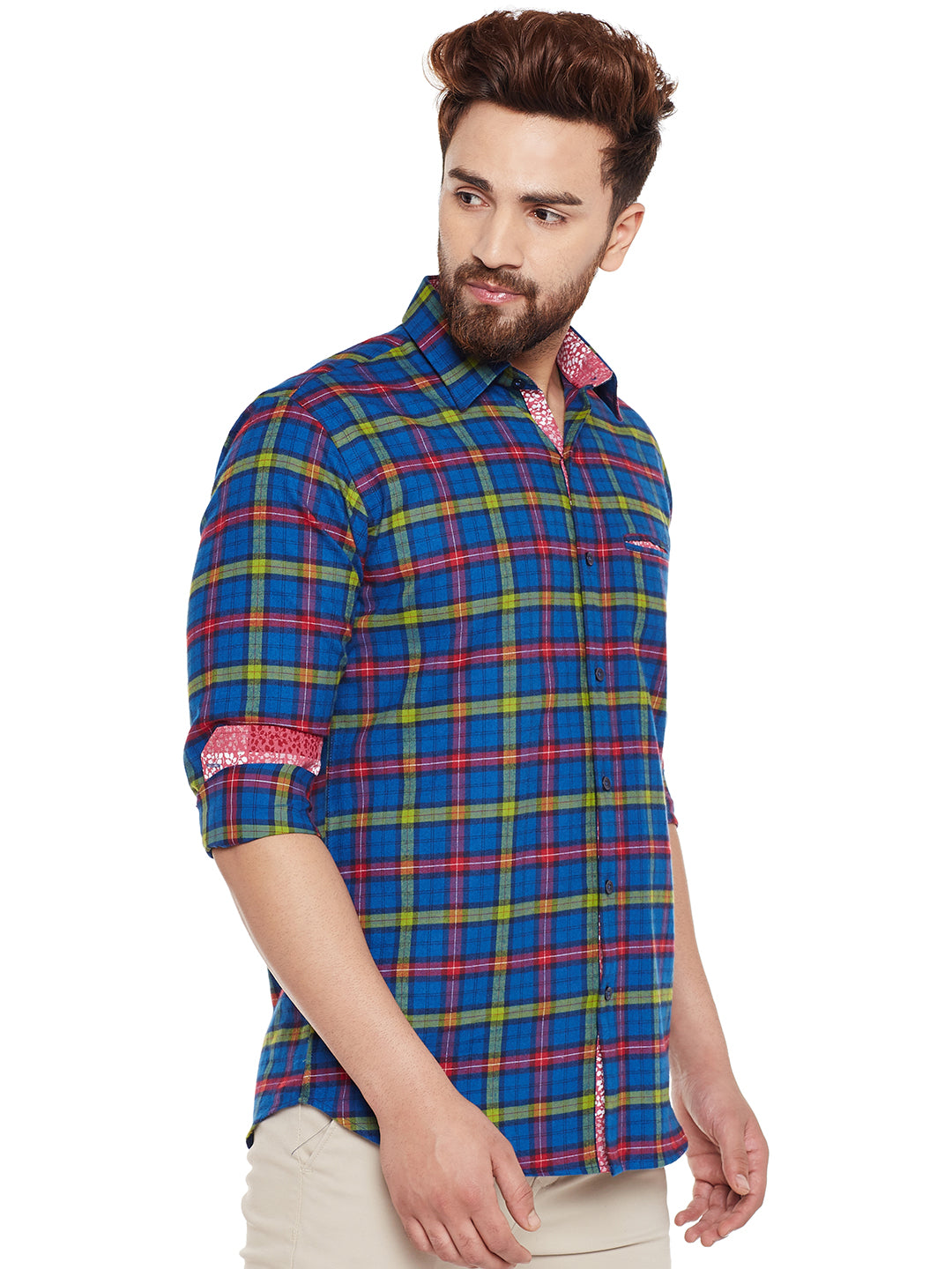 Men Navy Checked Pure Cotton Slim Fit Casual Shirt
