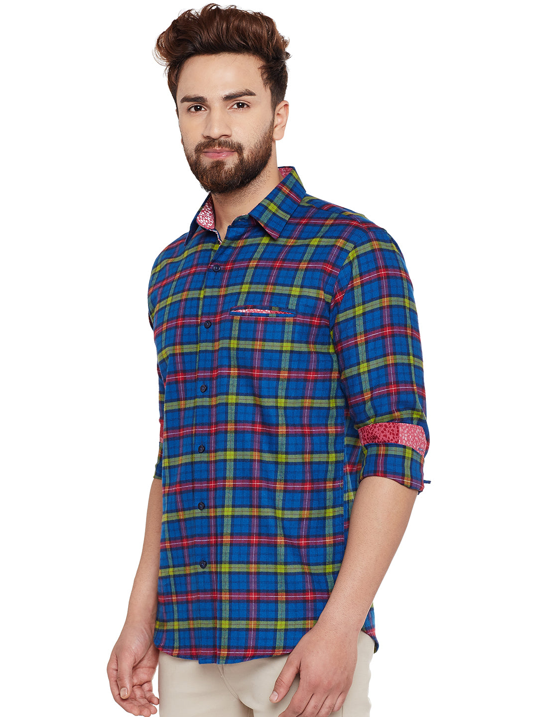 Men Navy Checked Pure Cotton Slim Fit Casual Shirt