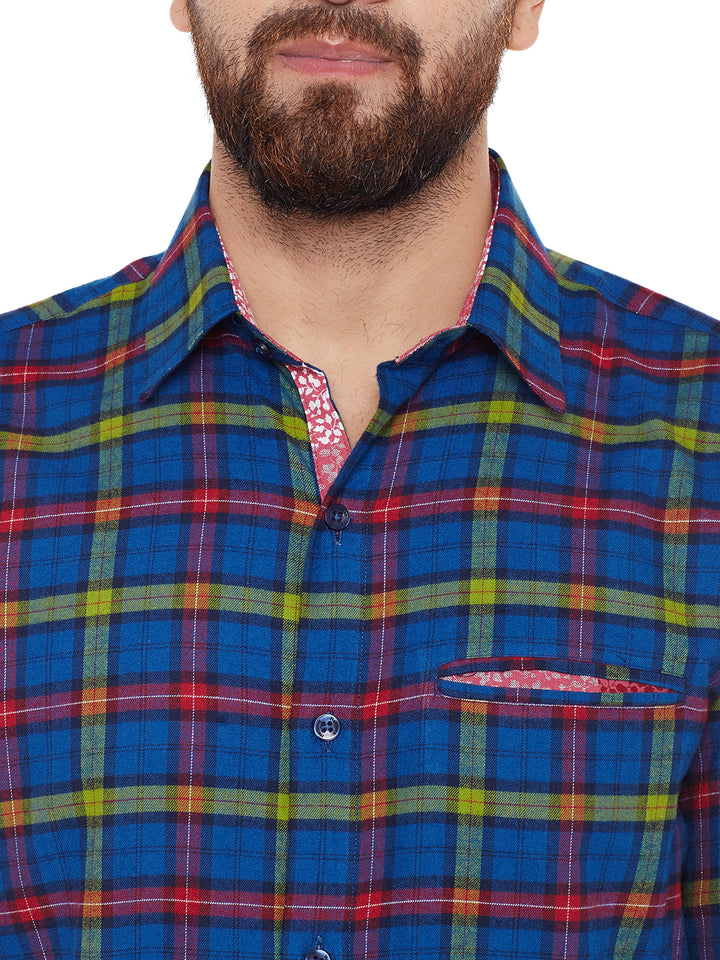 Men Navy Checked Pure Cotton Slim Fit Casual Shirt