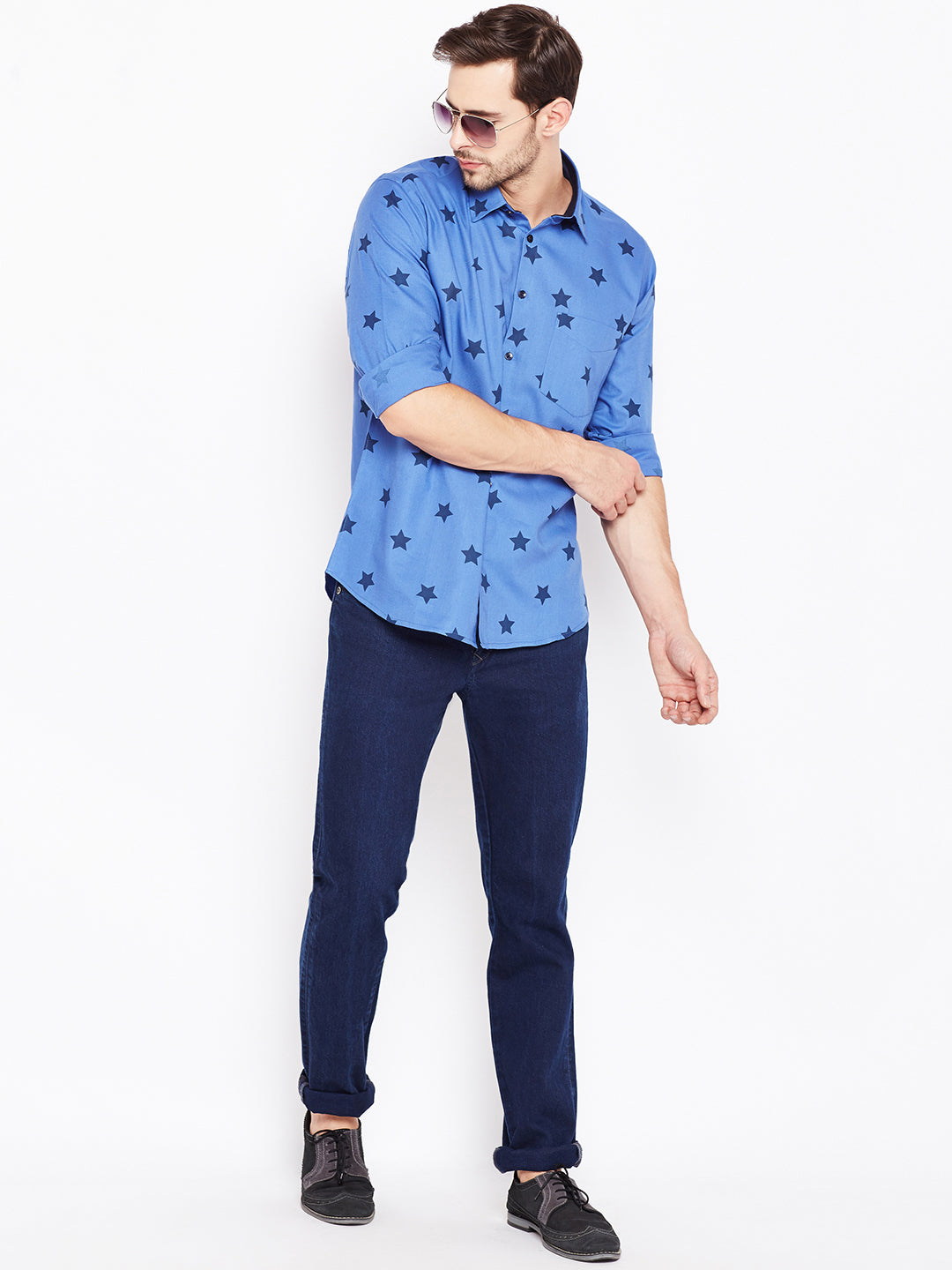 Men Blue Printed Pure Cotton Slim Fit Casual Shirt