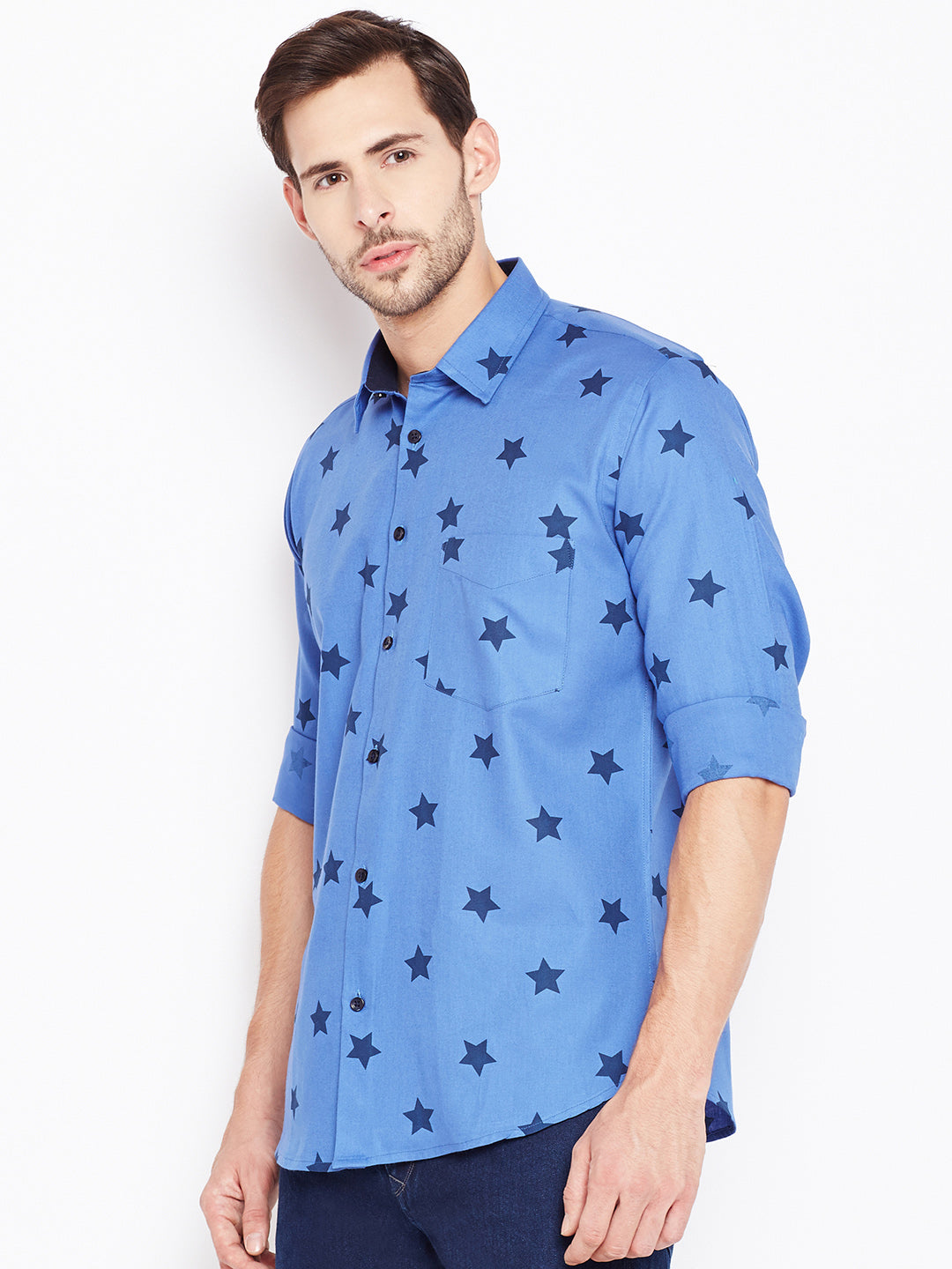 Men Blue Printed Pure Cotton Slim Fit Casual Shirt