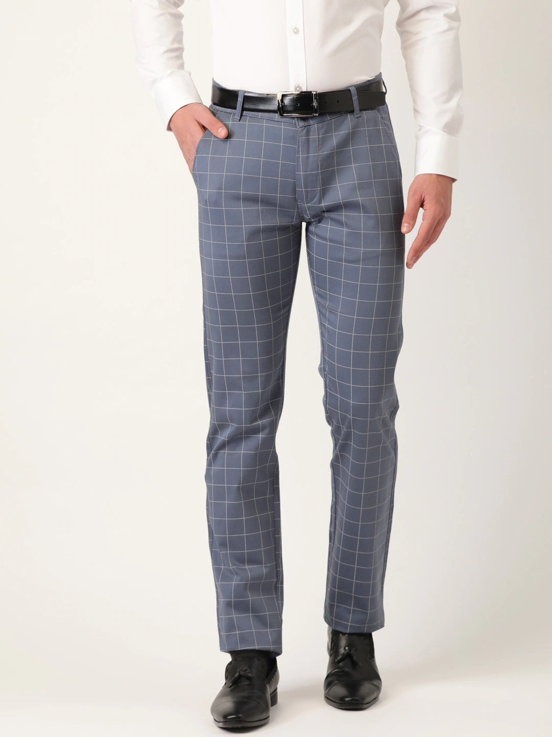Men New Blue Checks Cotton Elastene Slim Fit Formal Trouser