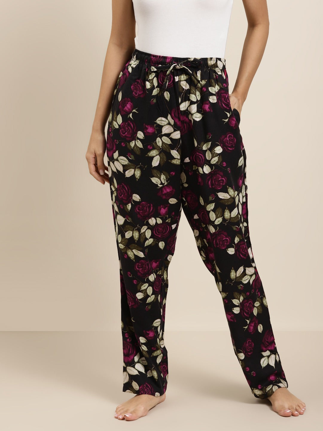 Women Black-Pink Prints Viscose Rayon Relaxed Fit Casual Lounge Pant