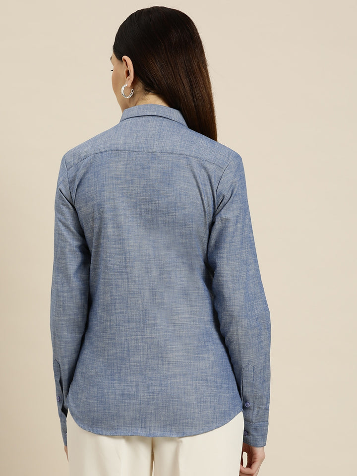 Women Blue Solids Pure Cotton Slim Fit Formal Shirt