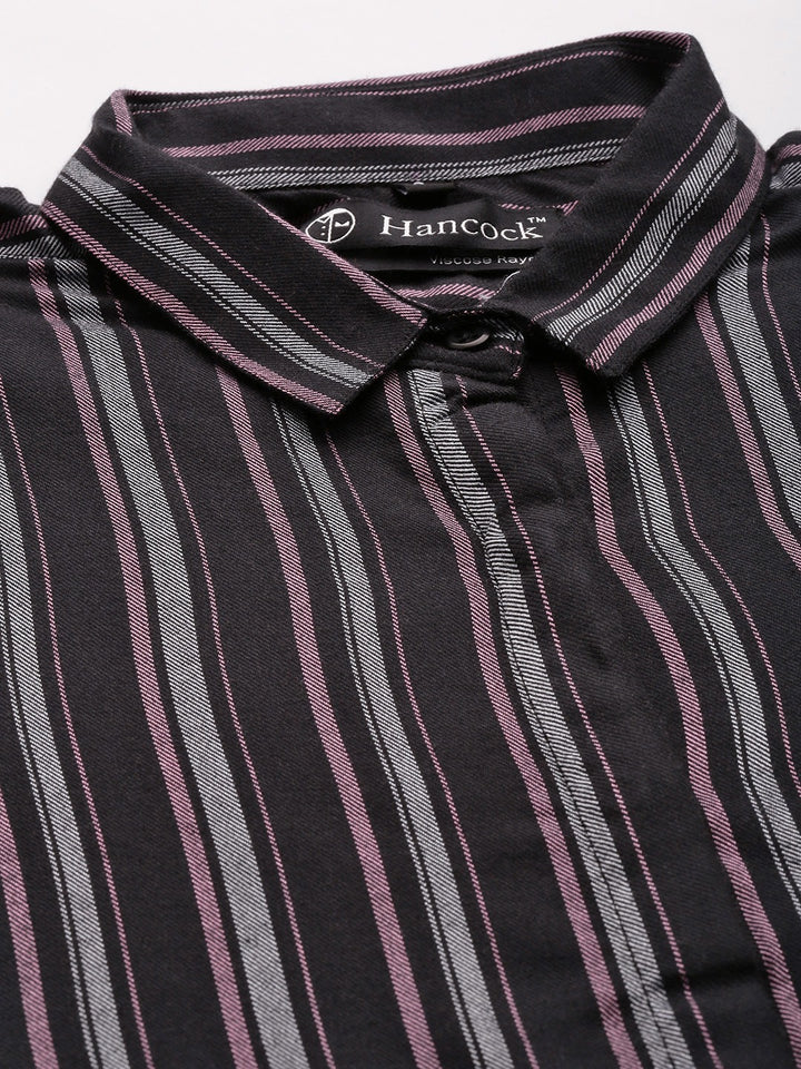 Women Black Stripes Viscose Rayon Slim Fit Formal Shirt