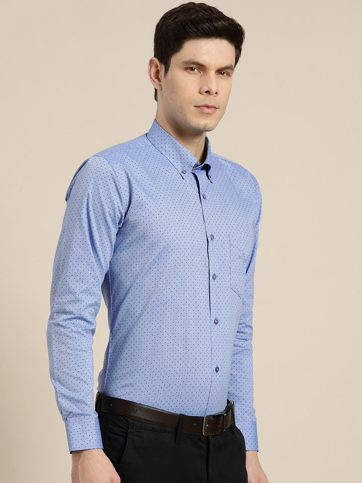 Men Blue Chambray Polka Micro Dot Print Cotton Rich Slim Fit Formal Shirt
