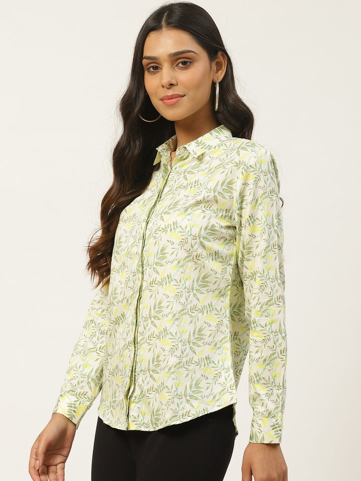 Women Cream & Green Prints Pure Cotton Slim Fit Formal Shirt