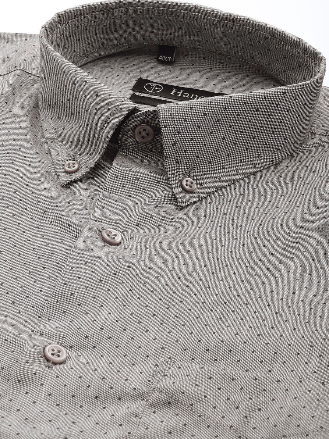 Men Grey Chambray Polka Micro Dot Print Cotton Rich Slim Fit Formal Shirt