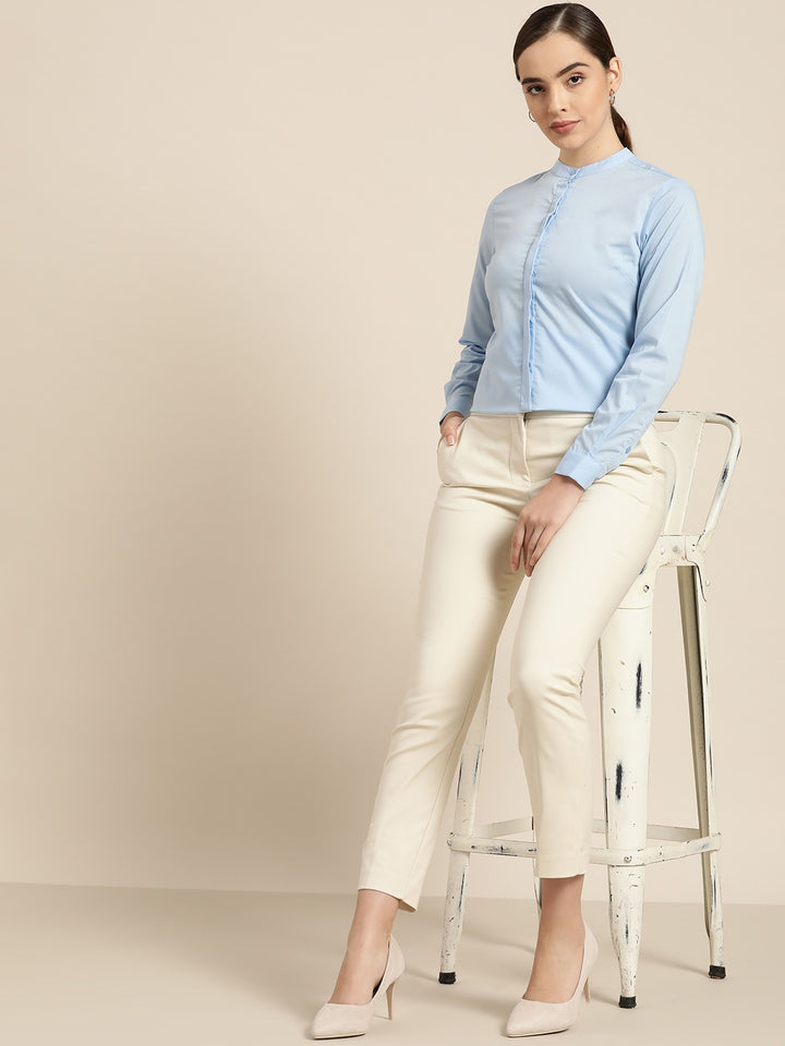 Women Sky Blue Solid Pure Cotton Slim Fit Formal Shirt