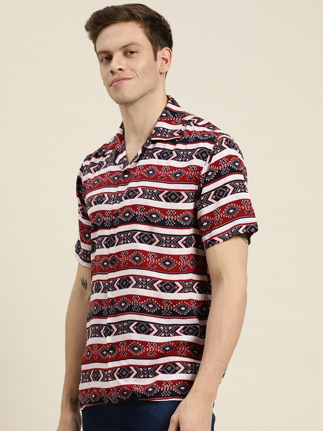 Men Maroon-Navy Prints Viscose Rayon Relaxed Fit Casual Resort Shirt