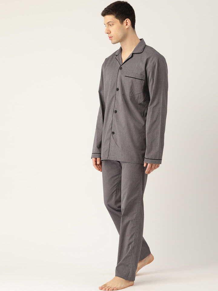 Men Grey Solids Pure Cotton Regular Fit Night Wear Night Suit