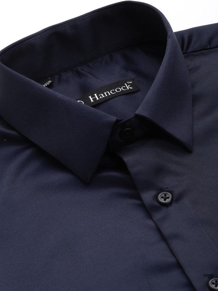 Men Navy Solids Polyester Slim Fit Formal Shirt