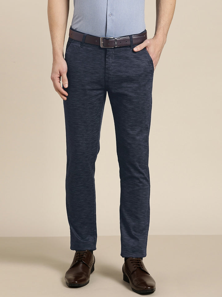 Men Navy Solids Cotton Elastene Slim Fit Formal Trouser