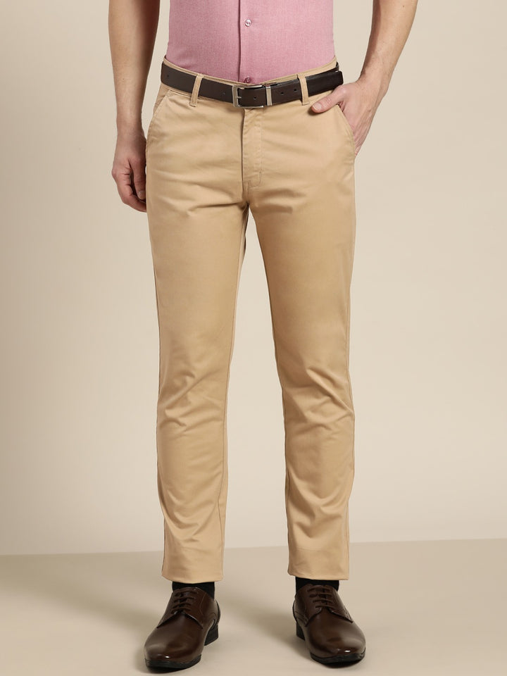 Men Beige Solids Cotton Elastene Slim Fit Formal Trouser
