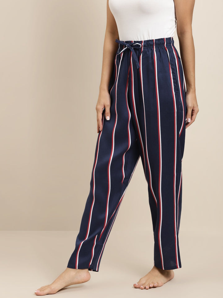 Women Navy Stripes Viscose Rayon Relaxed Fit Casual Lounge Pant